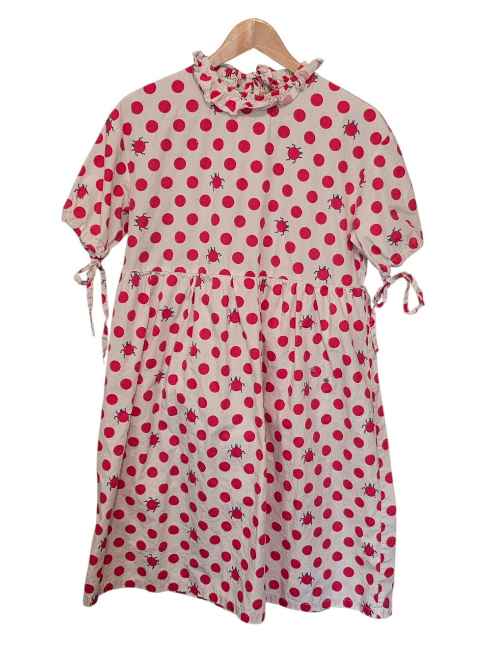 Cotton Sugar's Vintage Ruffle Neck Polka Dot & Bug Print White Midi Dress Size S